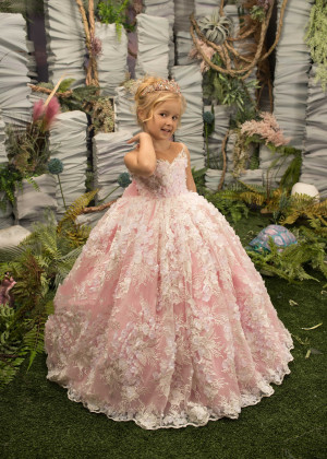 Blush Pink Floral Embroidered Lace Tulle Floor Length Flower Girl Dress
